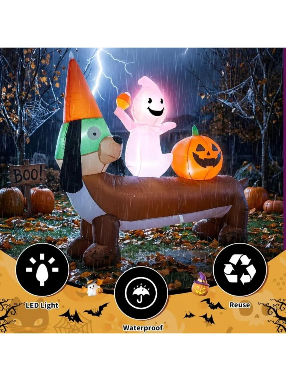 5FT Halloween Inflatable Dachshund & Ghost Yard Decoration - Festive Outdoor
